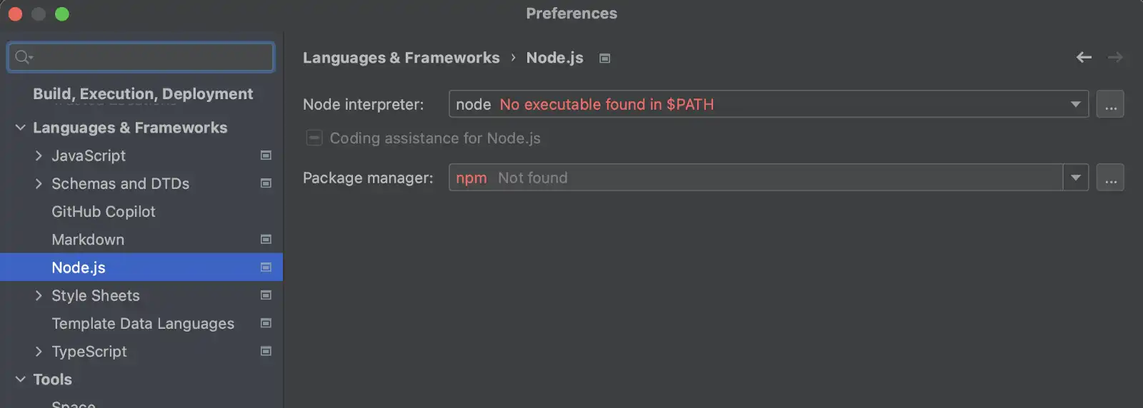 A window of interpreter with a error, node not found
